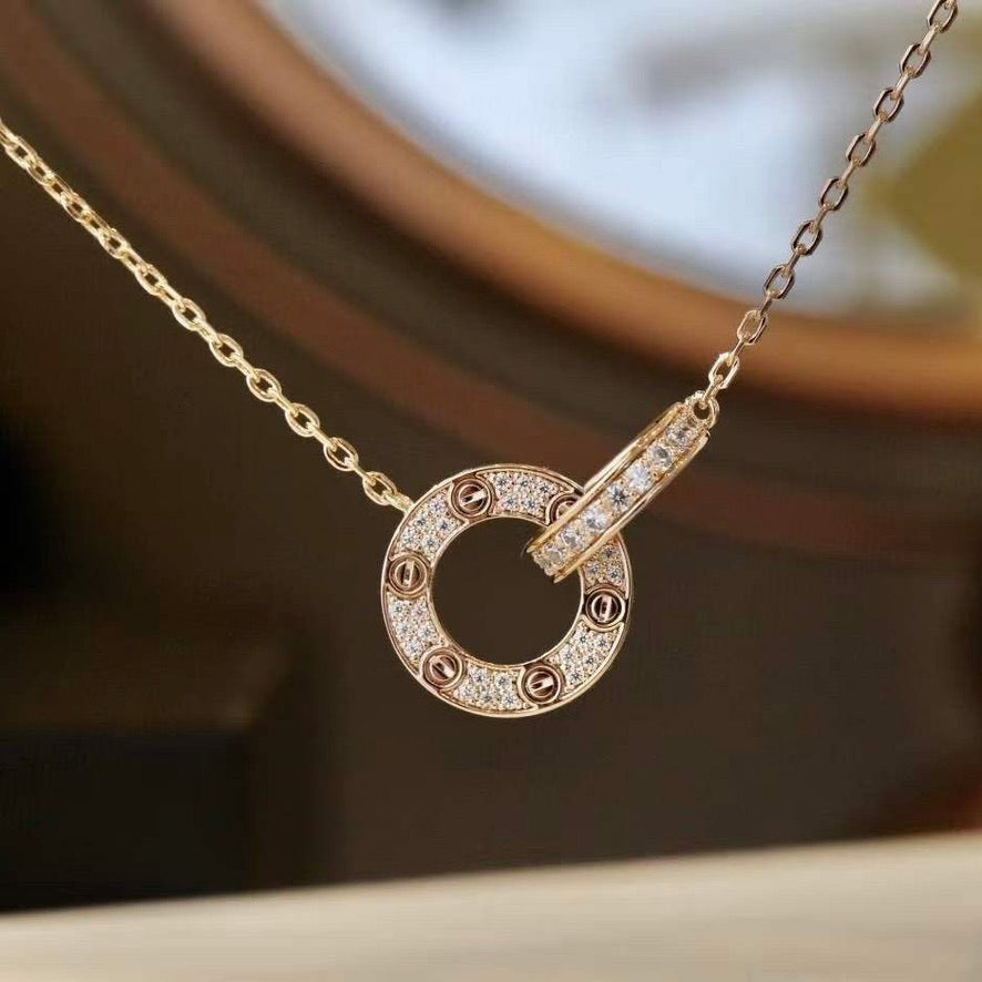 [⭐Maelin]LOVE 7.6MM NECKLACE ROSE GOLD AND SILVER  FULL DIAMOND