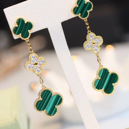 [⭐Maelin]CLOVER EARRINGS GOLD MALACHITE DIAMOND 3 MOTIF