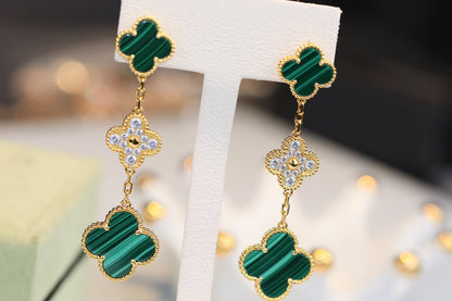 [⭐Maelin]CLOVER EARRINGS GOLD MALACHITE DIAMOND 3 MOTIF