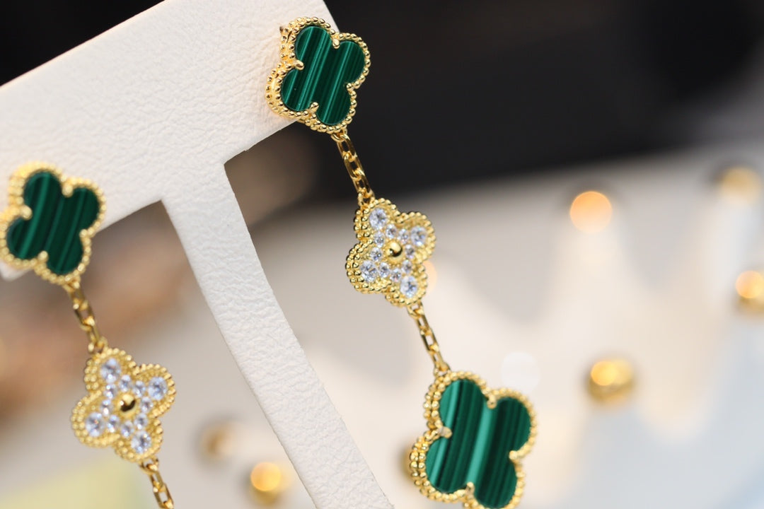 [⭐Maelin]CLOVER EARRINGS GOLD MALACHITE DIAMOND 3 MOTIF