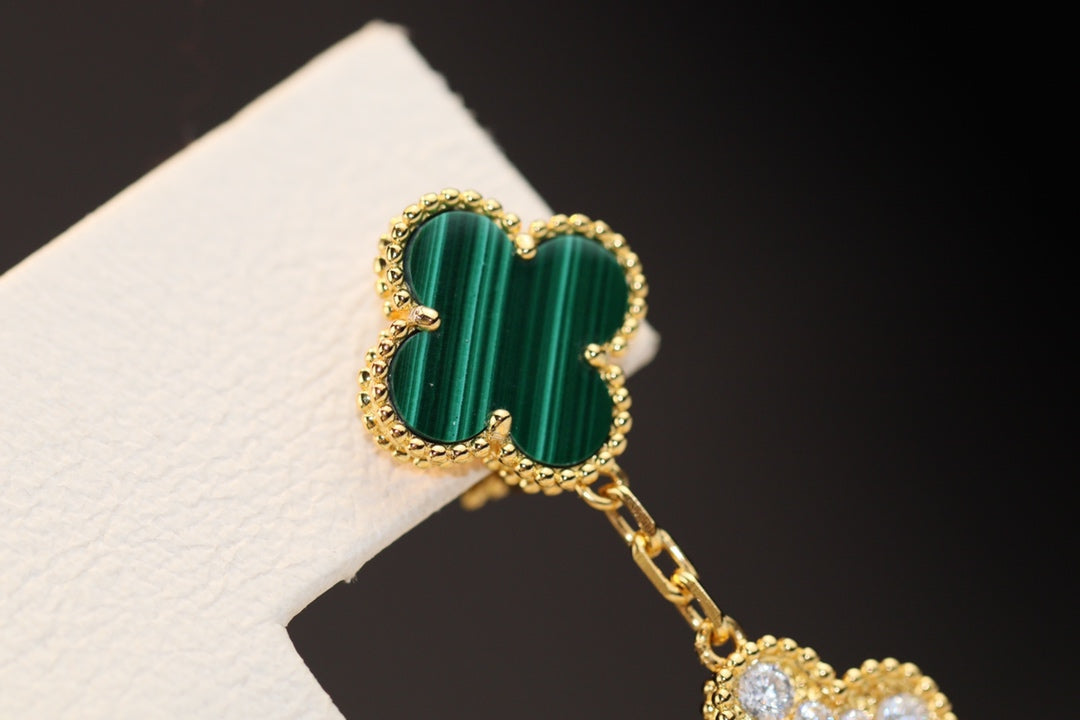 [⭐Maelin]CLOVER EARRINGS GOLD MALACHITE DIAMOND 3 MOTIF