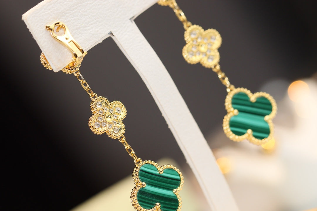 [⭐Maelin]CLOVER EARRINGS GOLD MALACHITE DIAMOND 3 MOTIF