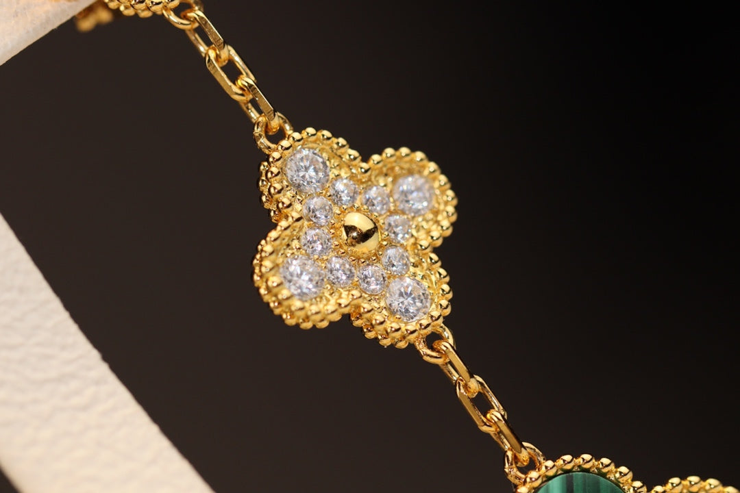 [⭐Maelin]CLOVER EARRINGS GOLD MALACHITE DIAMOND 3 MOTIF