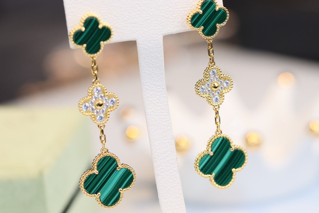 [⭐Maelin]CLOVER EARRINGS GOLD MALACHITE DIAMOND 3 MOTIF