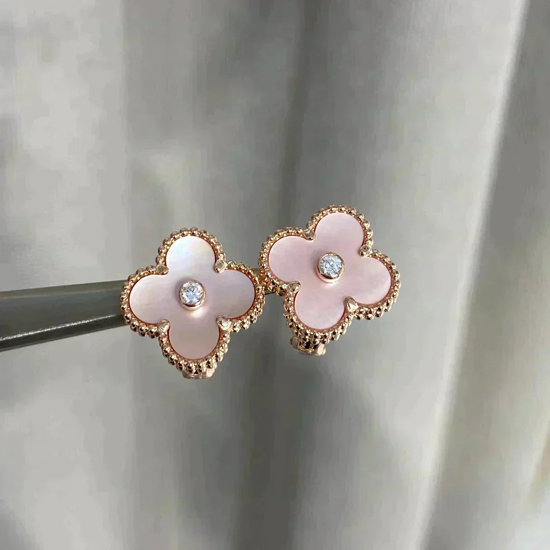 [⭐Maelin]CLOVER MEDIUM 1 MOTIFS  PINK MOP DIAMOND EARRINGS