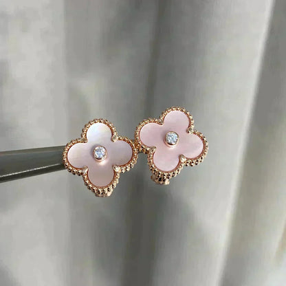 [⭐Maelin]CLOVER MEDIUM 1 MOTIFS  PINK MOP DIAMOND EARRINGS