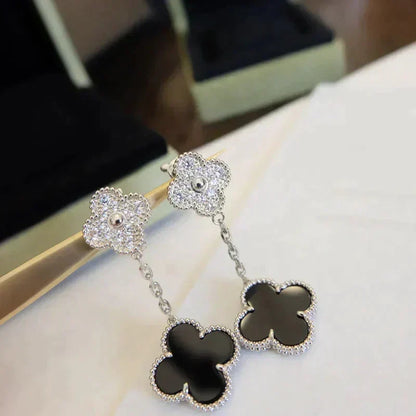 [⭐Maelin]CLOVER 2 MOTIFS  DIAMOND ONYX EARRINGS SILVER
