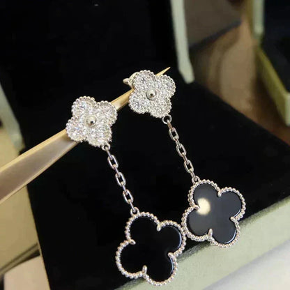 [⭐Maelin]CLOVER 2 MOTIFS  DIAMOND ONYX EARRINGS SILVER