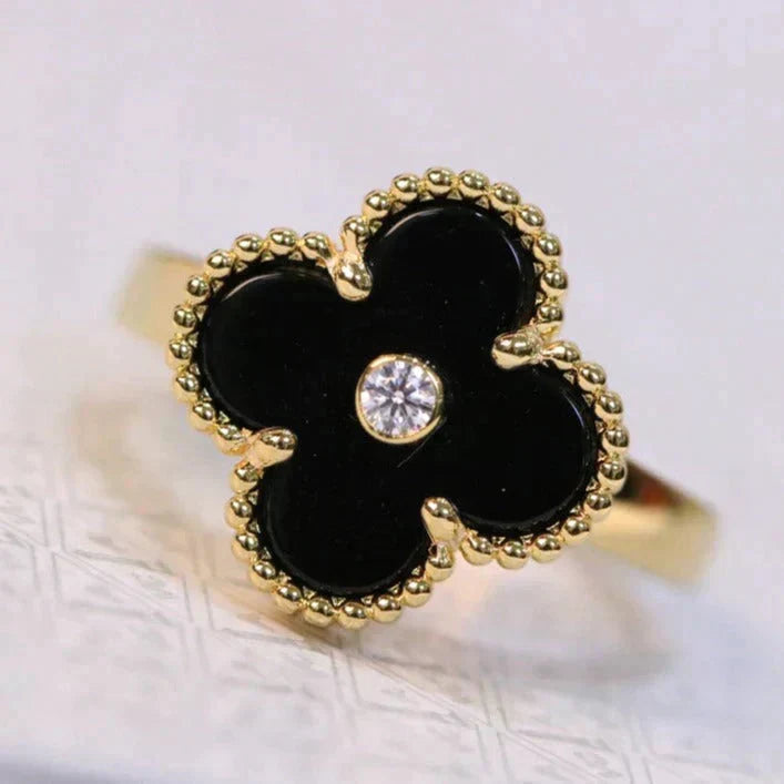 [⭐Maelin]CLOVER ONYX RING GOLD DIAMOND