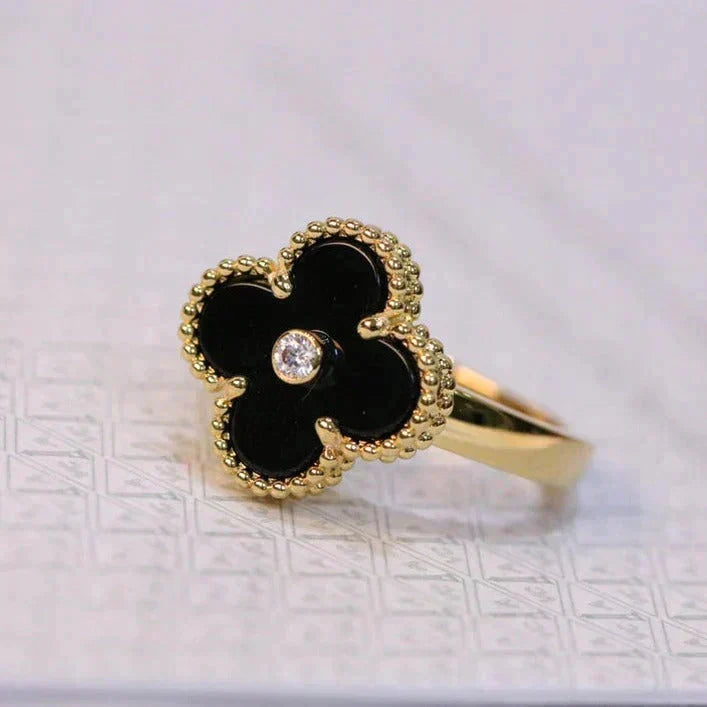 [⭐Maelin]CLOVER ONYX RING GOLD DIAMOND