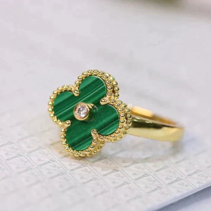 [⭐Maelin]CLOVER MALACHITE RING GOLD DIAMOND