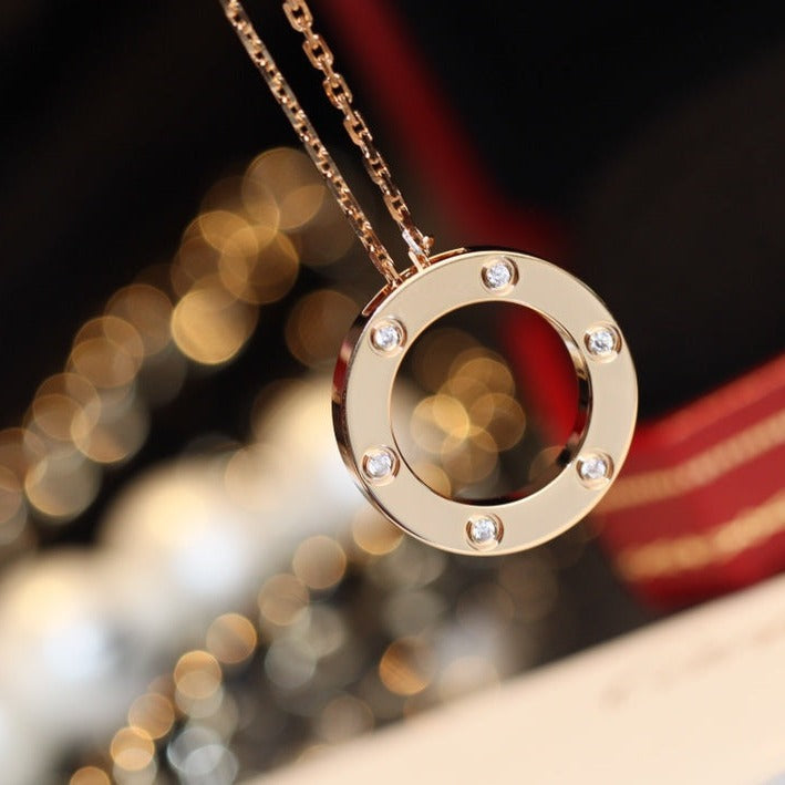 [⭐Maelin]LOVE NECKLACE 16MM 6 DIAMONDS PINK GOLD