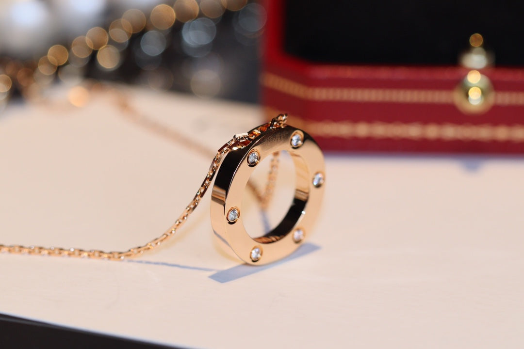 [⭐Maelin]LOVE NECKLACE 16MM 6 DIAMONDS PINK GOLD