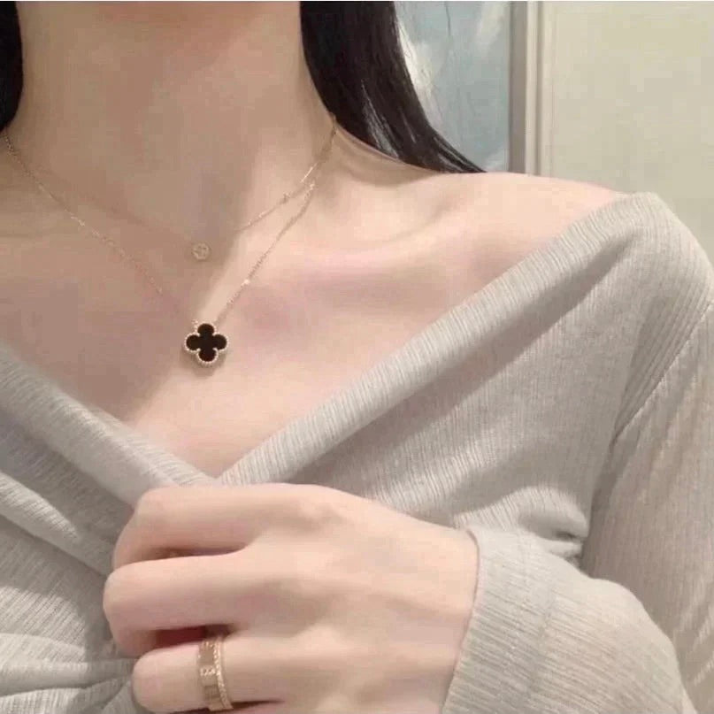 [⭐Maelin]CLOVER 15MM BLACK ONYX SINGLE FLOWER NECKLACE