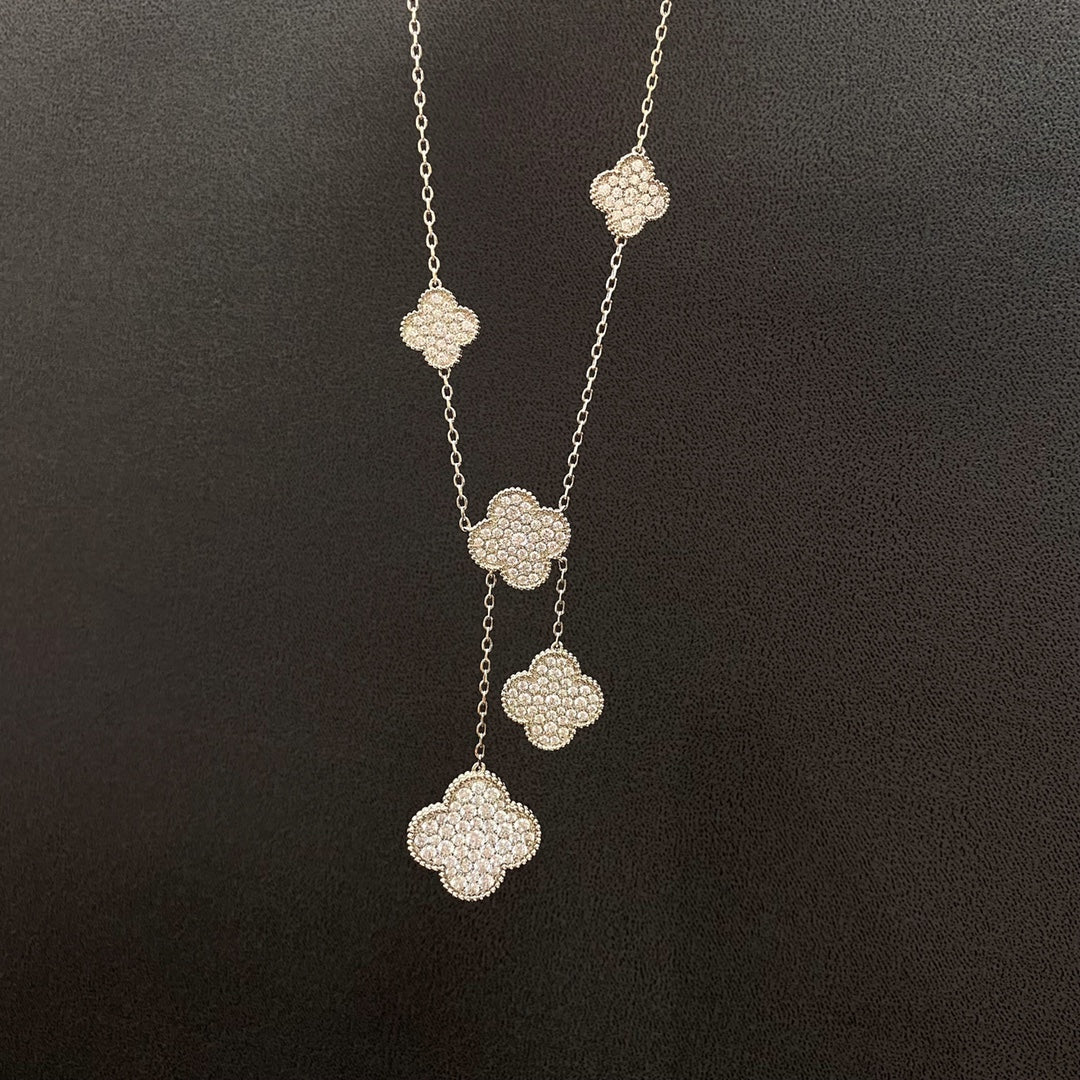 [⭐Maelin]CLOVER 5 MOTIFS SILVER DIAMONDS NECKLACE