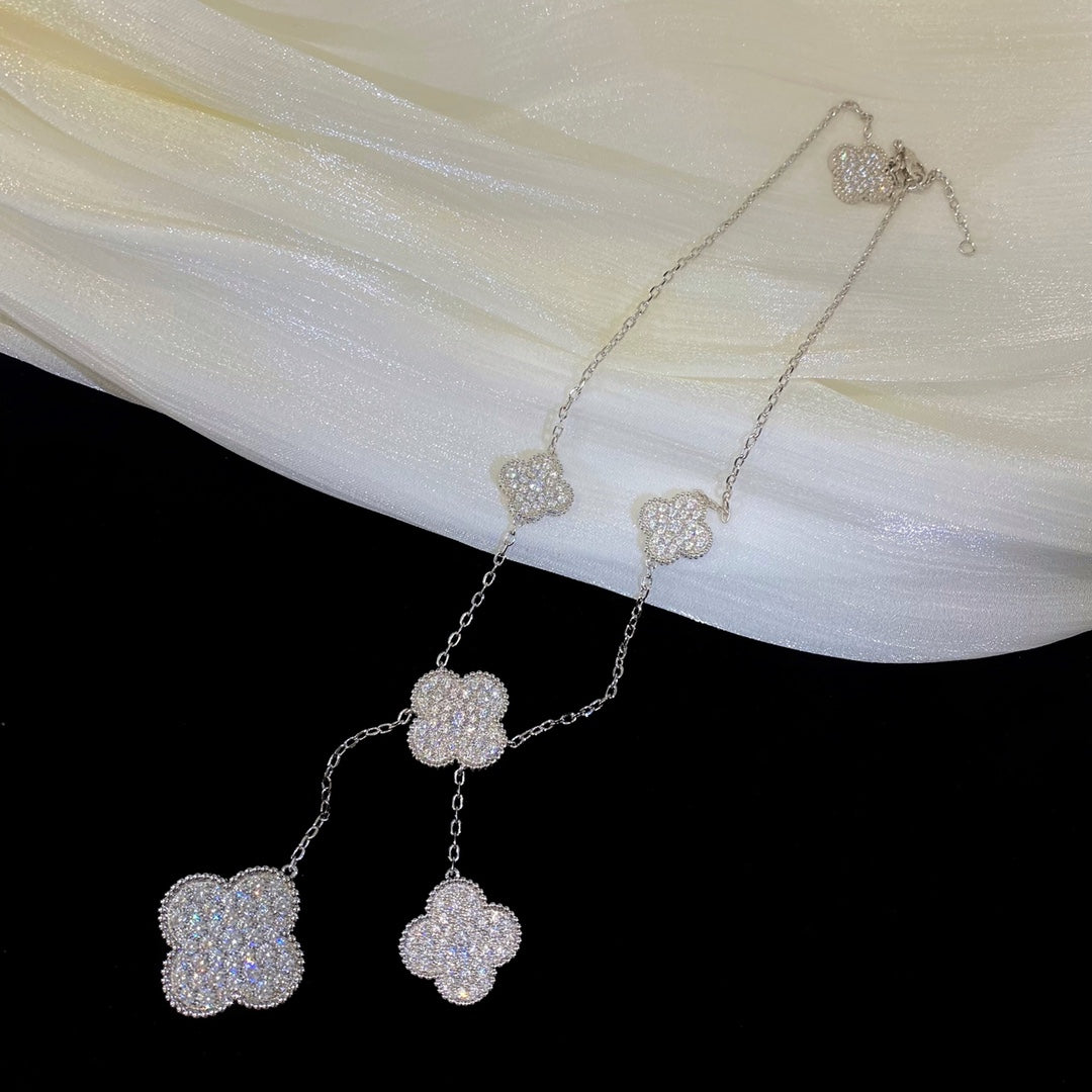 [⭐Maelin]CLOVER 5 MOTIFS SILVER DIAMONDS NECKLACE