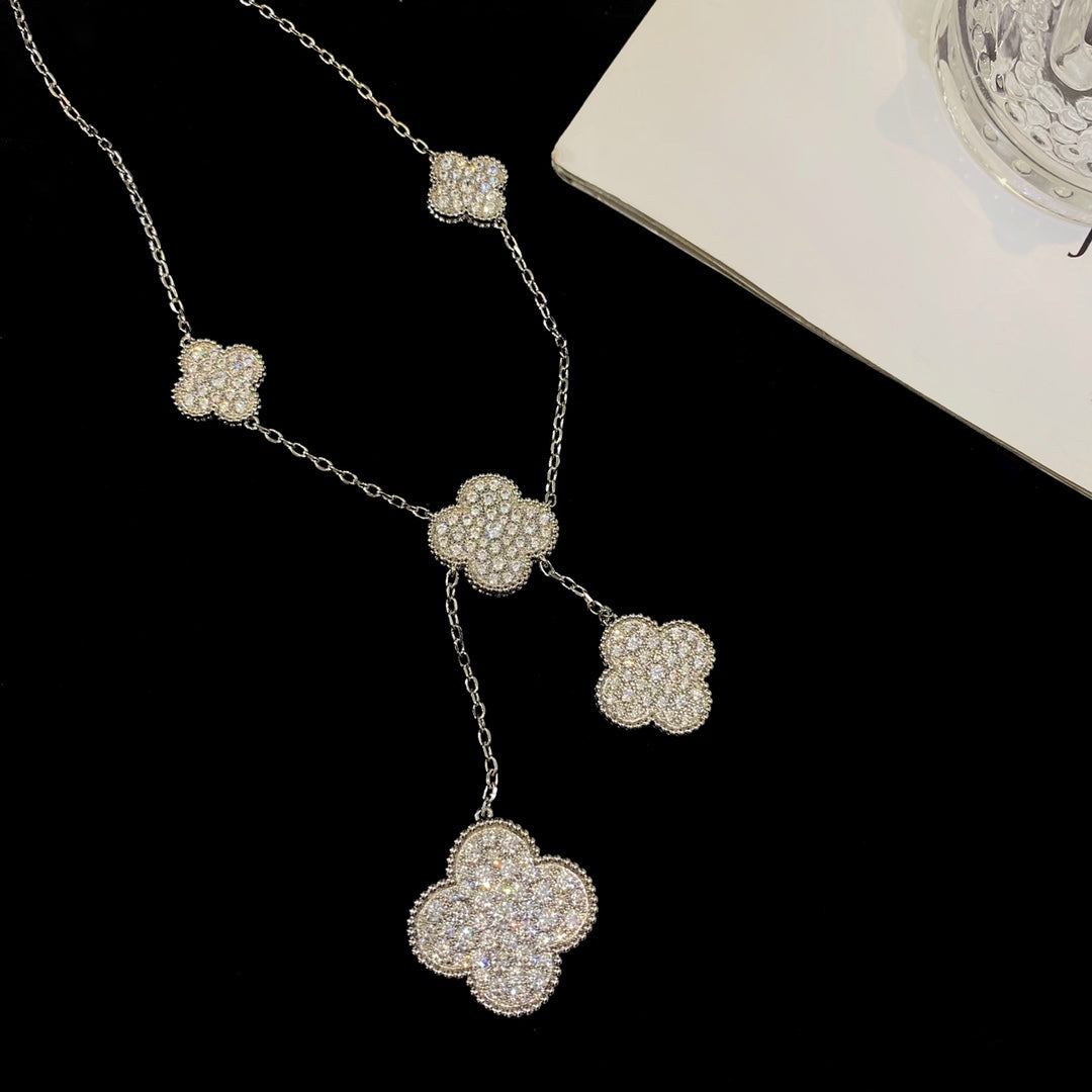 [⭐Maelin]CLOVER 5 MOTIFS SILVER DIAMONDS NECKLACE