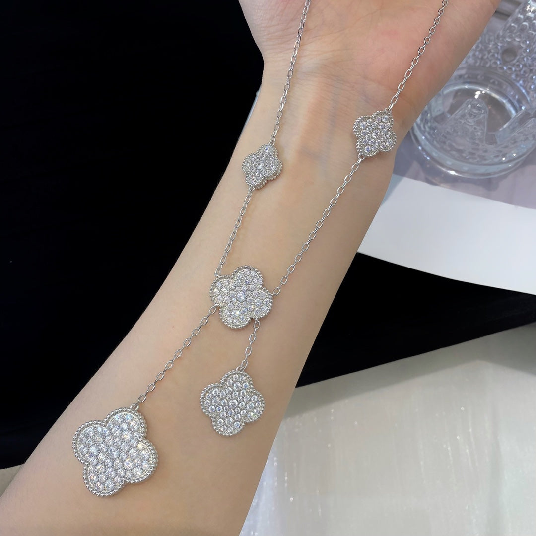 [⭐Maelin]CLOVER 5 MOTIFS SILVER DIAMONDS NECKLACE