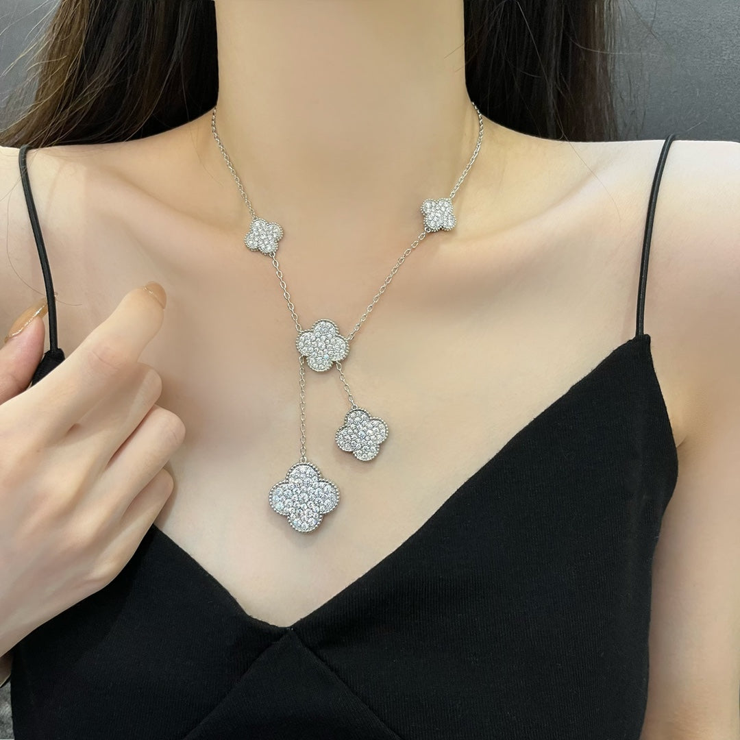 [⭐Maelin]CLOVER 5 MOTIFS SILVER DIAMONDS NECKLACE