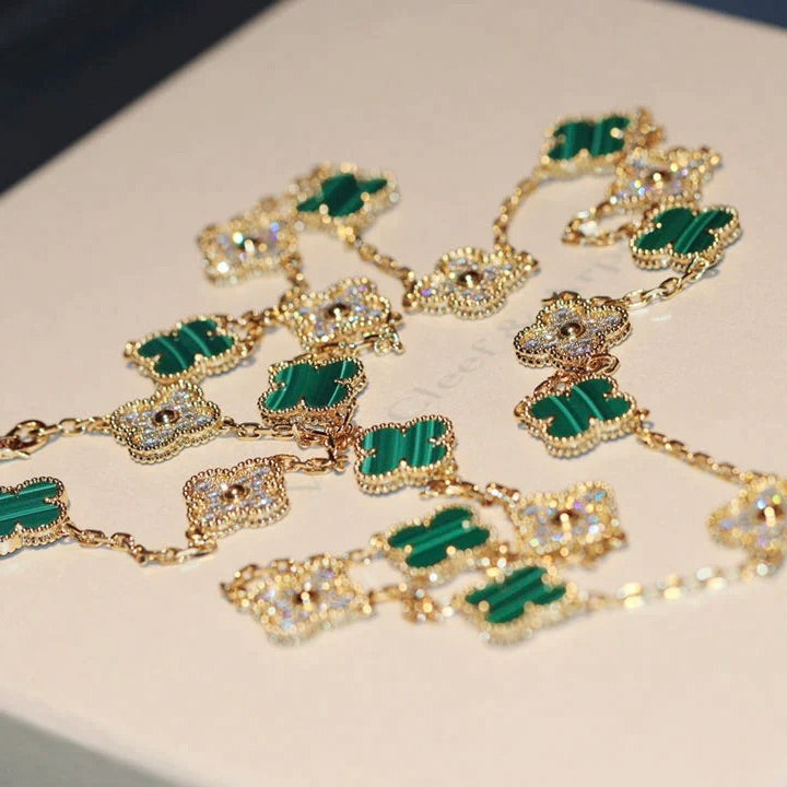 [⭐Maelin]CLOVER 20 MOTIFS MALACHITE DIAMOND NECKLACE