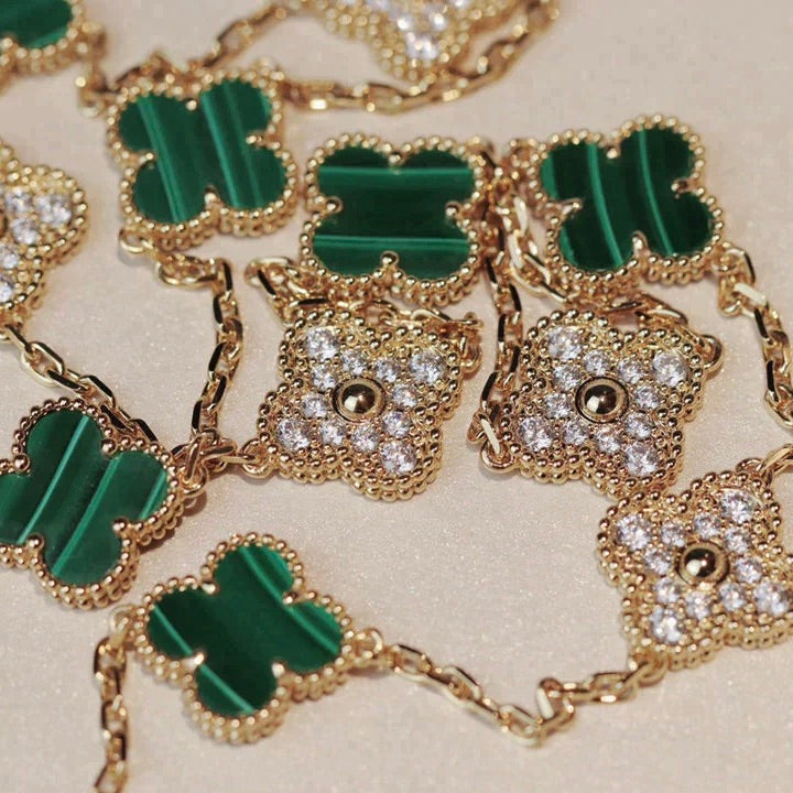 [⭐Maelin]CLOVER 20 MOTIFS MALACHITE DIAMOND NECKLACE