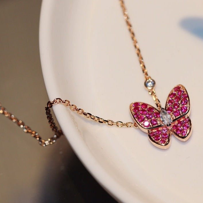 [⭐Maelin]BUTTERFLY RED DIAMOND ROSE GOLD NECKLACE