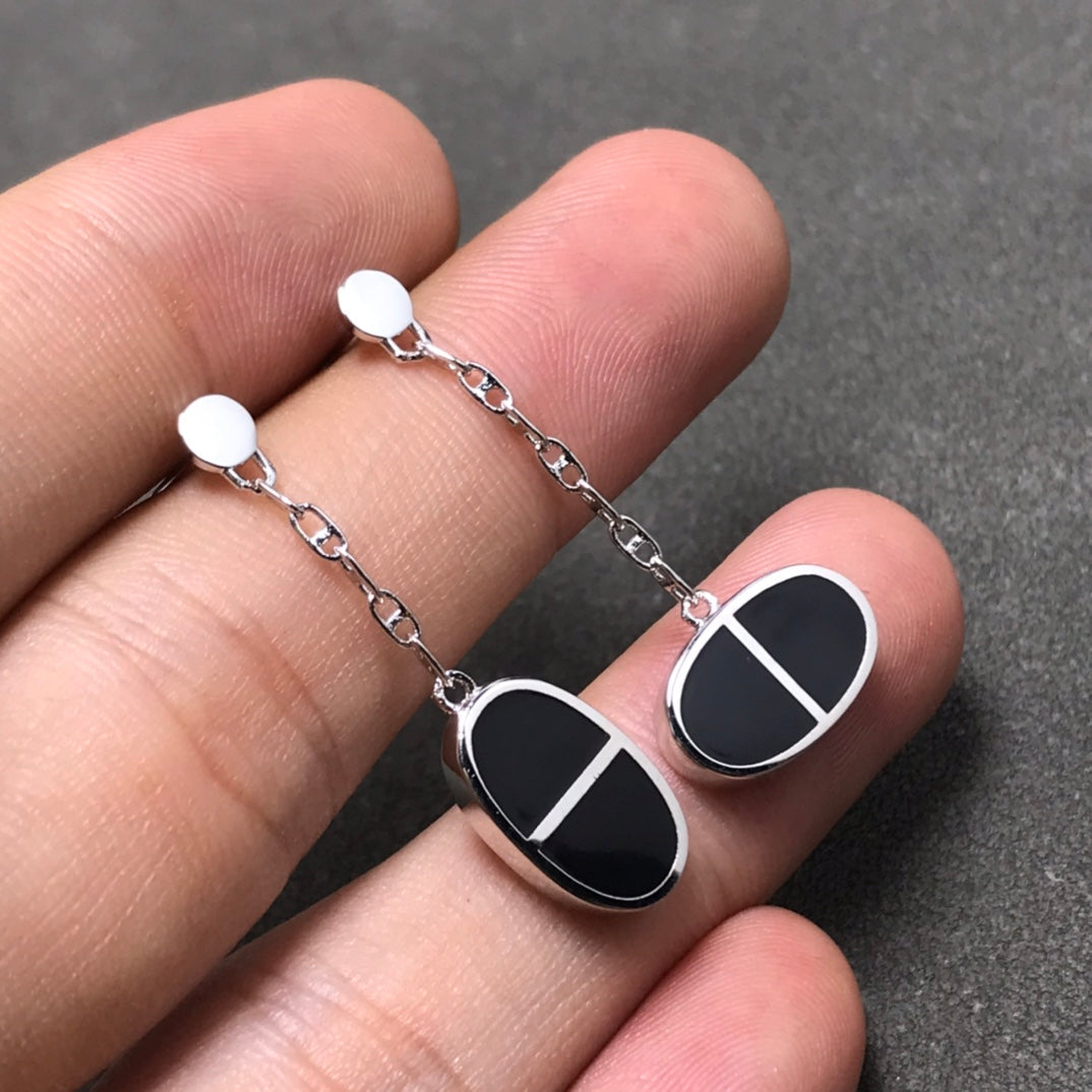 [⭐Maelin]CHAINE VERSO BLACK CERAMIC SILVER EARRINGS