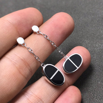 [⭐Maelin]CHAINE VERSO BLACK CERAMIC SILVER EARRINGS
