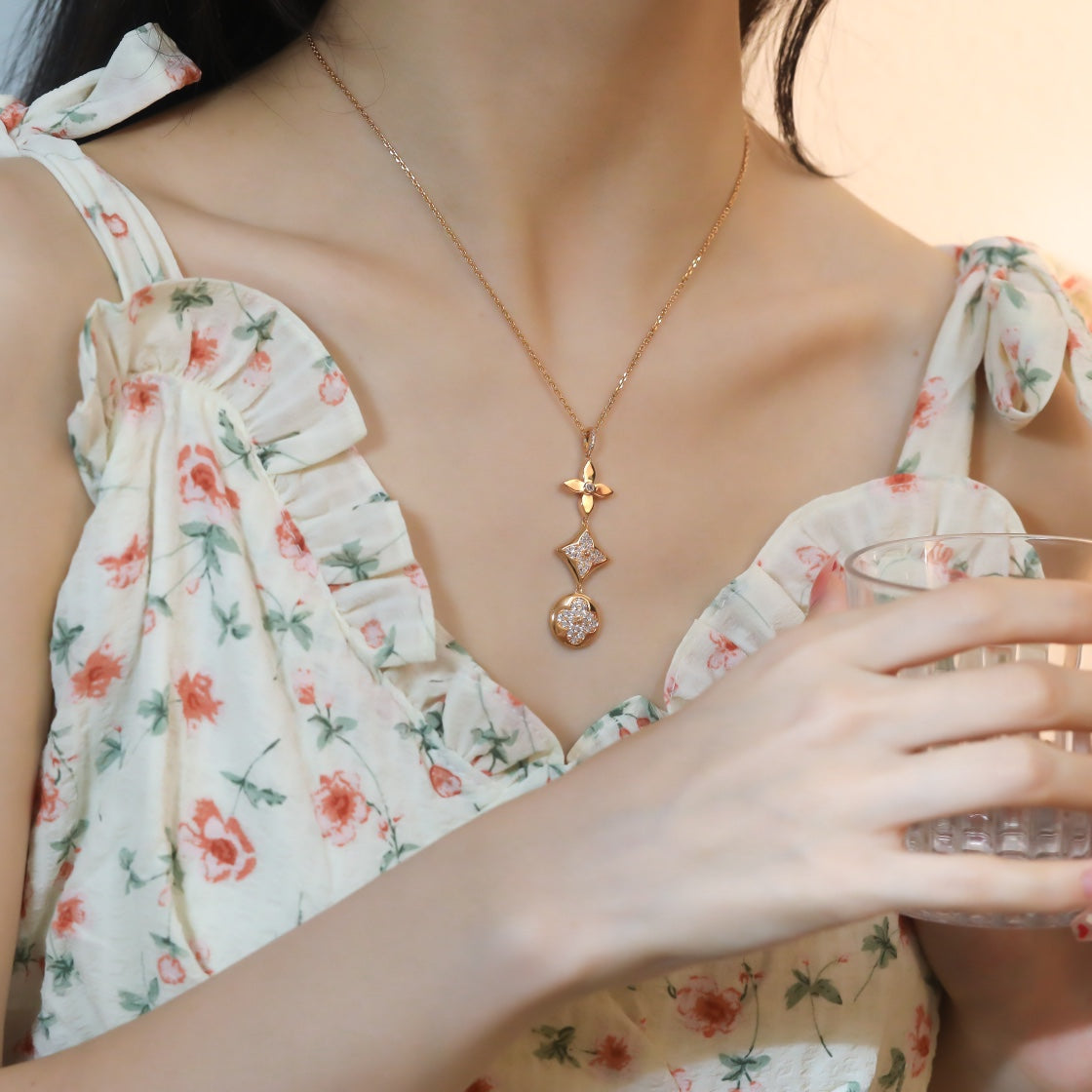 [⭐Maelin]STAR AND SUN DIAMOND PINK GOLD NECKLACE