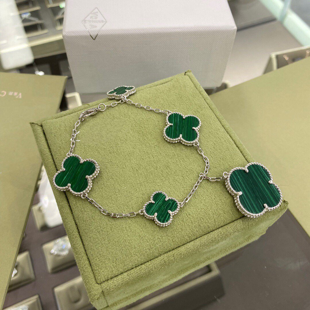 [⭐Maelin]CLOVER 5 MOTIFS SIVLER MALACHITE BRACELET