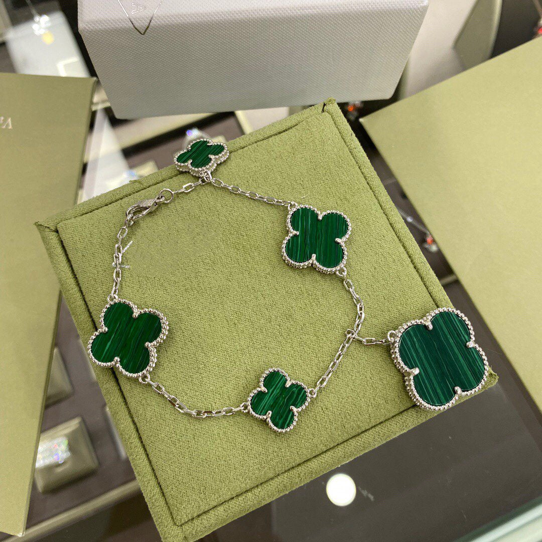 [⭐Maelin]CLOVER 5 MOTIFS SIVLER MALACHITE BRACELET