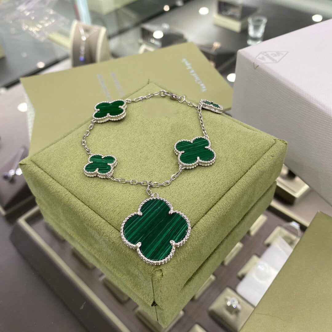 [⭐Maelin]CLOVER 5 MOTIFS SIVLER MALACHITE BRACELET