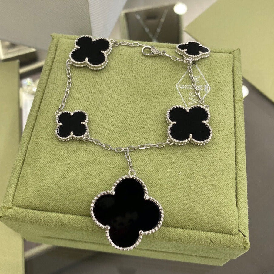 [⭐Maelin]CLOVER 5 MOTIFS SIVLER ONYX BRACELET