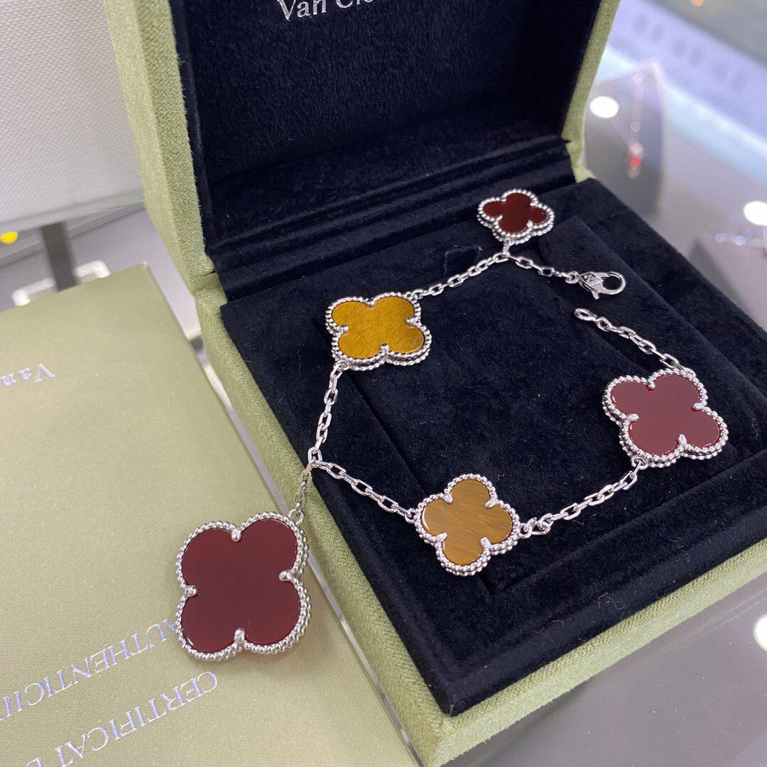 [⭐Maelin]CLOVER 5 MOTIFS SIVLER CARNELIAN TIGER EYE BRACELET