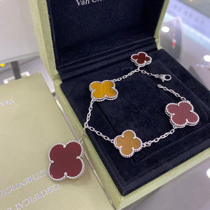 [⭐Maelin]CLOVER 5 MOTIFS SIVLER CARNELIAN TIGER EYE BRACELET