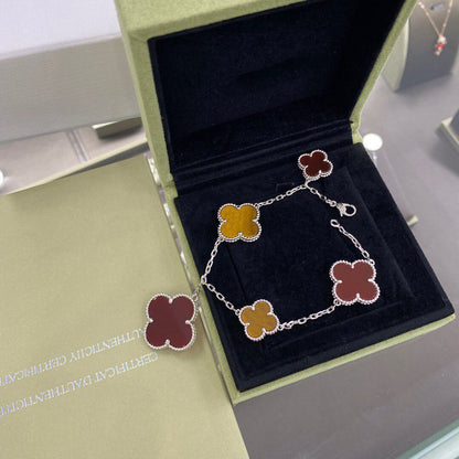 [⭐Maelin]CLOVER 5 MOTIFS SIVLER CARNELIAN TIGER EYE BRACELET