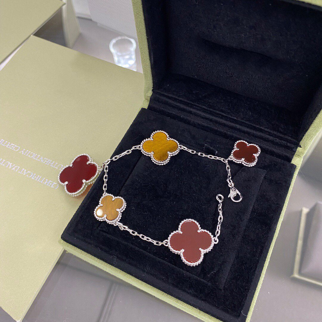 [⭐Maelin]CLOVER 5 MOTIFS SIVLER CARNELIAN TIGER EYE BRACELET