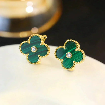 [⭐Maelin]CLOVER MEDIUM 1 MOTIFS MALACHITE DIAMOND EARRINGS