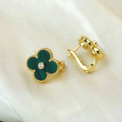 [⭐Maelin]CLOVER MEDIUM 1 MOTIFS MALACHITE DIAMOND EARRINGS