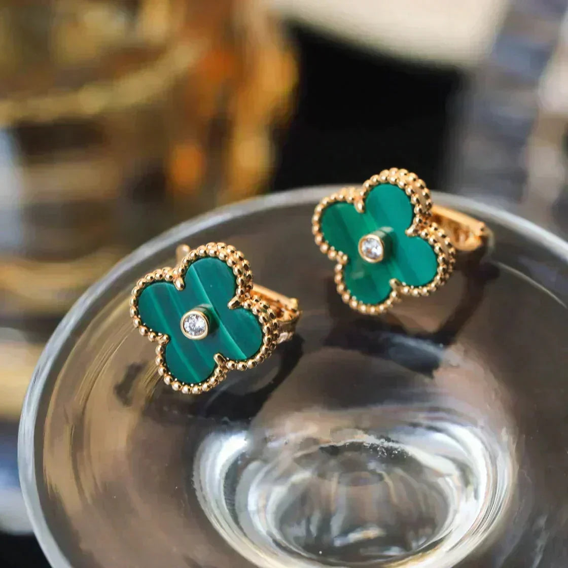 [⭐Maelin]CLOVER MEDIUM 1 MOTIFS MALACHITE DIAMOND EARRINGS