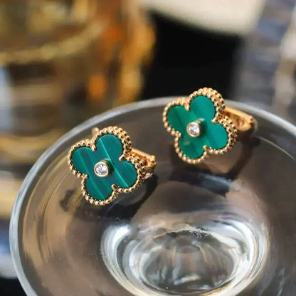 [⭐Maelin]CLOVER MEDIUM 1 MOTIFS MALACHITE DIAMOND EARRINGS