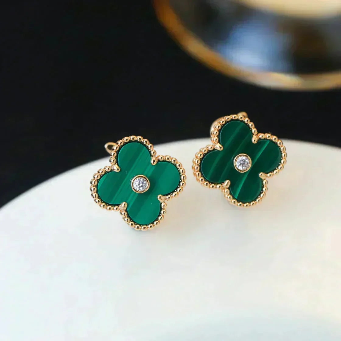 [⭐Maelin]CLOVER MEDIUM 1 MOTIFS MALACHITE DIAMOND EARRINGS