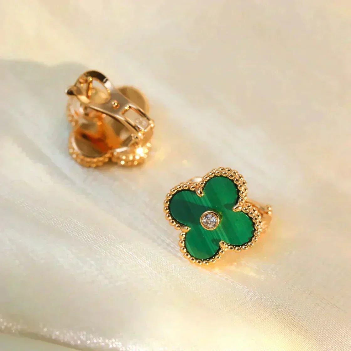 [⭐Maelin]CLOVER MEDIUM 1 MOTIFS MALACHITE DIAMOND EARRINGS