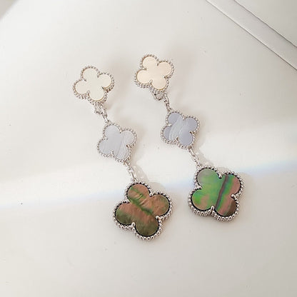 [⭐Maelin]CLOVER 3 MOTIFS CHALCEDONY DARK MOP SILVER EARRINGS