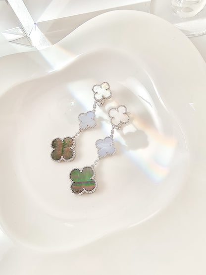 [⭐Maelin]CLOVER 3 MOTIFS CHALCEDONY DARK MOP SILVER EARRINGS