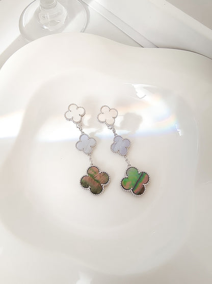 [⭐Maelin]CLOVER 3 MOTIFS CHALCEDONY DARK MOP SILVER EARRINGS