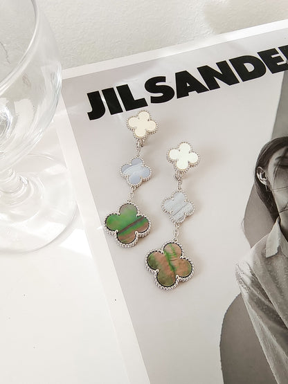[⭐Maelin]CLOVER 3 MOTIFS CHALCEDONY DARK MOP SILVER EARRINGS