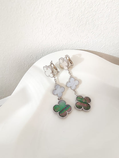 [⭐Maelin]CLOVER 3 MOTIFS CHALCEDONY DARK MOP SILVER EARRINGS