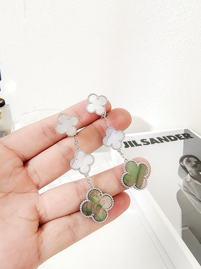 [⭐Maelin]CLOVER 3 MOTIFS CHALCEDONY DARK MOP SILVER EARRINGS