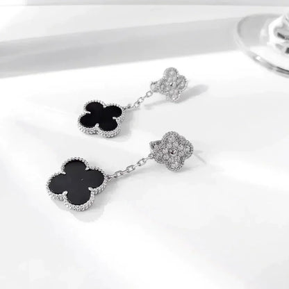 [⭐Maelin]CLOVER 2 MOTIFS  DIAMOND ONYX EARRINGS SILVER